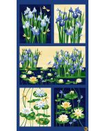 Water Lily Magic: Waterlily Blocks Panel (2/3 yard) -- Henry Glass Fabrics 2894p-77 indigo