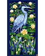 Water Lily Magic: Waterlily Blue Heron Panel (2/3 yard) -- Henry Glass Fabrics 2895p-77 indigo