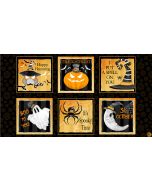 Olde Salem's Black Hat Society: 6 Block Halloween Panel (2/3 yard) -- Henry Glass Fabrics 314g-39 multi