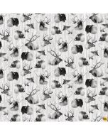Woodland Whispers: Animal Heads (Elk Buffalo Bear) -- Henry Glass Fabrics 428-90 gray