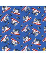 To The Rescue: Tossed Fireboat -- Henry Glass Fabrics 532-75 cyan