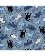 Sunset Rodeo: Tossed Riding Broncos Blue -- Henry Glass Fabrics 9151-11