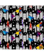 Superheroes Wear Masks: City Scene with Superheroes -- Blank Quilting 1612-99 black