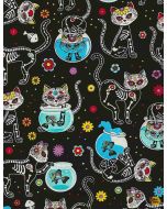 Sugar Skulls: Cat Skeletons & Fishbowls - Timeless Treasures Fabrics cat-c4159black