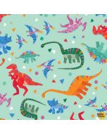 Rainbow Dino: Dino Dance Party Aqua -- Michael Miller Fabrics dc10040-aqua-d