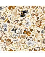 Dogs Rule Happiness Has Paws: Tossed Dogs & Words Cream -- Timeless Treasures Fabric dog-cd3317 cream
