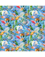 Cat: Feline Fanatic Aquarium Fish - Timeless Treasures Fabrics rosie-cd4151 blue 