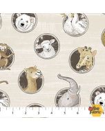 Two by Two: Porthole Toss Animals Light Taupe Multi - Northcott Fabric 28714-12