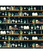 Witchy Wicked by Rose Halsey: Bookshelf with Potion Bottles and Crystal Balls - Blank Quilting 4861-99 black 