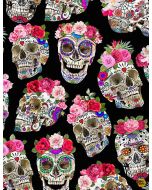 Sugar Skulls: Day of the Dead Skulls with Flower Crowns Esperanza  - Timeless Treasures Fabrics fun-cd1583 black 