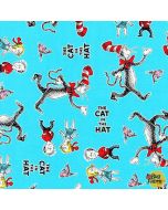 Dr. Seuss The Cat in the Hat: Tossed Characters Aqua - Robert Kaufman ade-18197-70 aqua