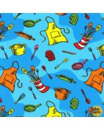 Seuss Chef: Tossed Cooking Utensils Blue -- Robert Kaufman ade-20392-4 blue - 3 yards 4" + FQ remaining