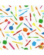 Seuss Chef: Tossed Utensils White -- Robert Kaufman ade-20395-1 white
