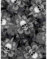 Wicked Last Dance: Tossed Skull Fleur De Lis -- Timeless Treasures Fabrics Fun-c8709 black