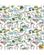 Beep Beep! Winding Road White -- Clothworks Textiles y3892-1 - 2.5 yards remaining