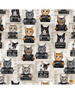 Quirky Cats: Cat Mugshots - Timeless Treasures Fabrics gail-cd3061 beige