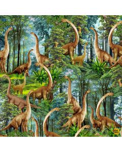 Dino Roars: Brontosaurus in Forest Dinosaurs -- Timeless Treasures Fabrics Michael-CD2409 green
