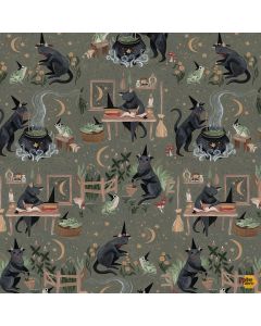 Goblincore: Cats & Frogs Goblincore -- Dear Stella Fabrics stella-drr2537 cypress - 2 yards 2" remaining