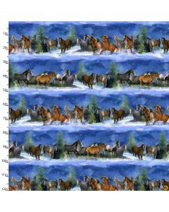 Snowfall on the Range: Midnight Horses Border -- 3 Wishes Fabric 19283-blu