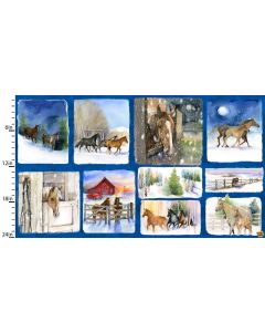 Snowfall on the Range: Patchwork Scenic Horse Panel (2/3 yard) -- 3 Wishes Fabric 19287-blu