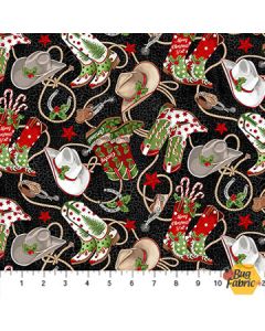 Howdy Christmas: Cowboy Paraphernalia Toss Black -- Northcott Fabrics 24613-99 