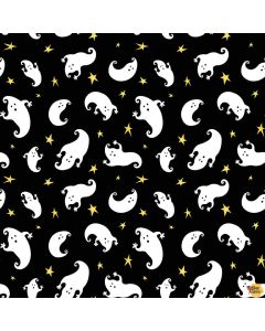 Boo! Tossed Ghosts Black  (Glow in the Dark) -- Henry Glass Fabrics 246g-99