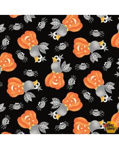 Boo! Tossed Bird on Pumpkin  (Glow in the Dark) -- Henry Glass Fabrics 247g-93 black
