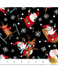 Extreme Santa: Tossed Santa Reindeer Black -- Northcott Fabrics 25439-99