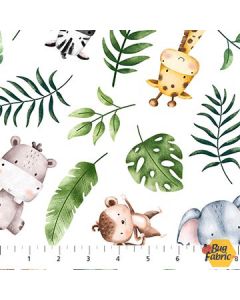 Wee Safari: Animals and Leaves Tossed White -- Northcott Fabrics 25643-10