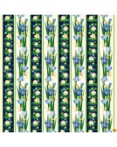 Water Lily Magic: Waterlily Border Stripe -- Henry Glass Fabrics 2893-77 indigo