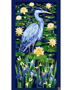 Water Lily Magic: Waterlily Blue Heron Panel (2/3 yard) -- Henry Glass Fabrics 2895p-77 indigo