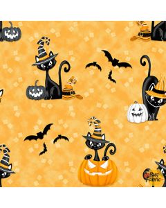 Olde Salem's Black Hat Society: Black Cats & Pumpkins Glow -- Henry Glass Fabrics 316g-33 orange