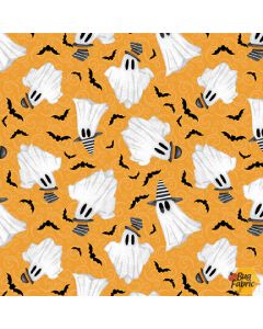 Olde Salem's Black Hat Society: Ghosts Glow Orange -- Henry Glass Fabrics 317g-33 orange