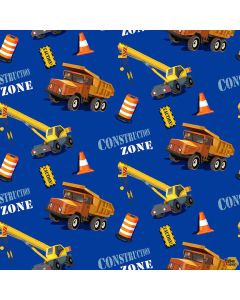Construction Zone: Crane and Dump Truck Royal -- Henry Glass Fabrics 386-77 royal