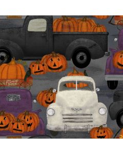 Spooky Night: Halloween Scenic Truck -- 3 Wishes Fabrics 18115 gray