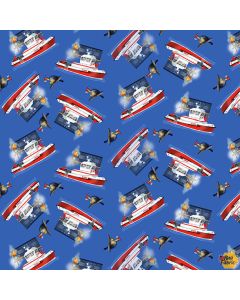 To The Rescue: Tossed Fireboat -- Henry Glass Fabrics 532-75 cyan