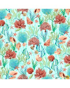 Deep Blue Sea: Tossed Shells and Coral Aqua -- Studio E Fabrics 5790-76 aqua