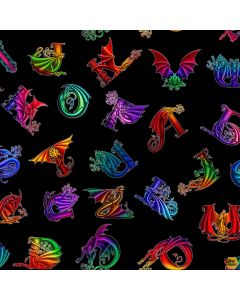 Rainbow Dragon:  Tossed Allover Alphabet Dragons Black -- Studio E Fabrics 5847-99
