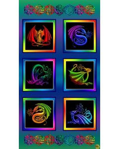 Rainbow Dragon:  Dragon Block Panel Cyan (sold by 2/3 yard repeat) -- Studio E Fabrics 5848-76