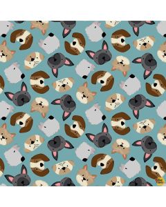 Paw-sitively Awesome Dog: Tossed Dog Heads Teal - Studio E Fabrics 7449-66