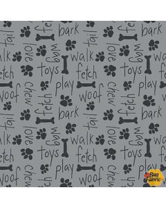 Paw-sitively Awesome Dog: Words and Bones Allover Gray - Studio E Fabrics 7451-99