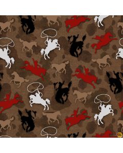 Sunset Rodeo: Tossed Riding Broncos Brown -- Henry Glass Fabrics 9151-33