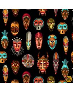 Kenya: Indigenous Masks Black - Michael Miller Fabrics cx9986-blac-d