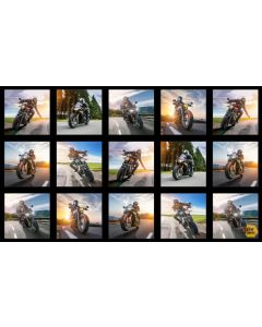 Dream Ride:  Motorcycle Blocks Panel (2/3 yard) -- Elizabeths Studios 629 black
