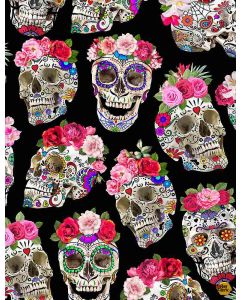 Sugar Skulls: Day of the Dead Skulls with Flower Crowns Esperanza  - Timeless Treasures Fabrics fun-cd1583 black 