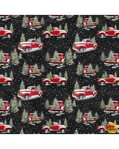 The Tradition II: Small Red Trucks on Black -- Henry Glass Fabrics 9724-99