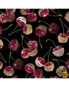 Chocolicious: Chocolate Cherries Black -- Kanvas Fabrics 9850-12b