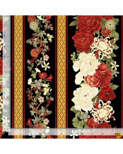 Kyoto Garden: Metallic Asian Floral Border Stripe -- Timeless Treasures Fabrics kyoto-cm1667 black 