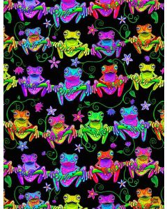 Prismatic: Neon Frogs Hanging Out -- Timeless Treasures nick-cd1490 black