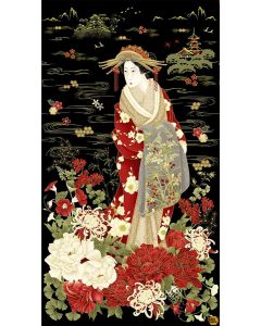 Kyoto Garden: Metallic Japanese Geishas Panel (2/3 yard) -- Timeless Treasures Fabrics panel-cm1664 black